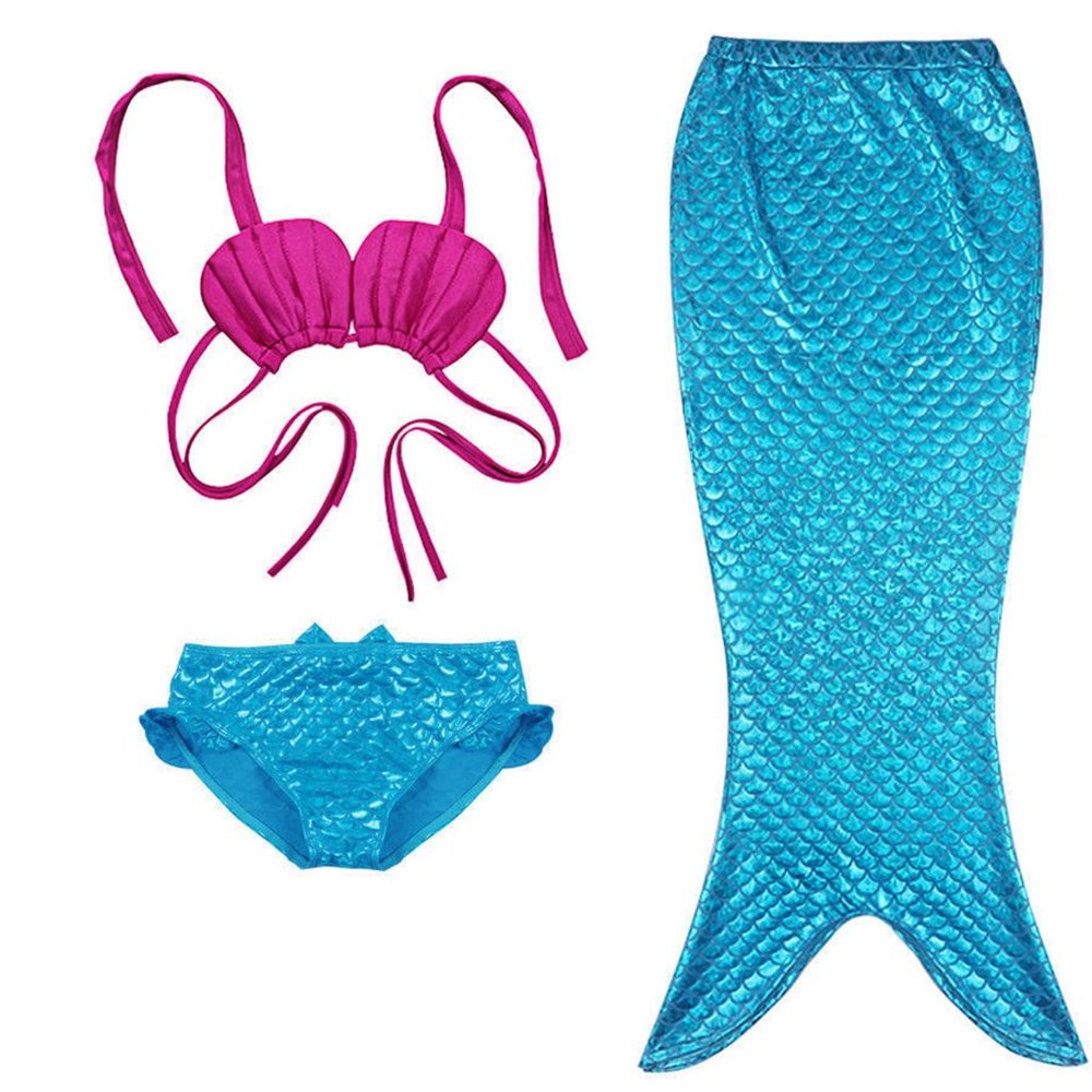 Turquoise-Fuchsia Mermaid Princess Little Girl 3pcs Bikini Swimsuit